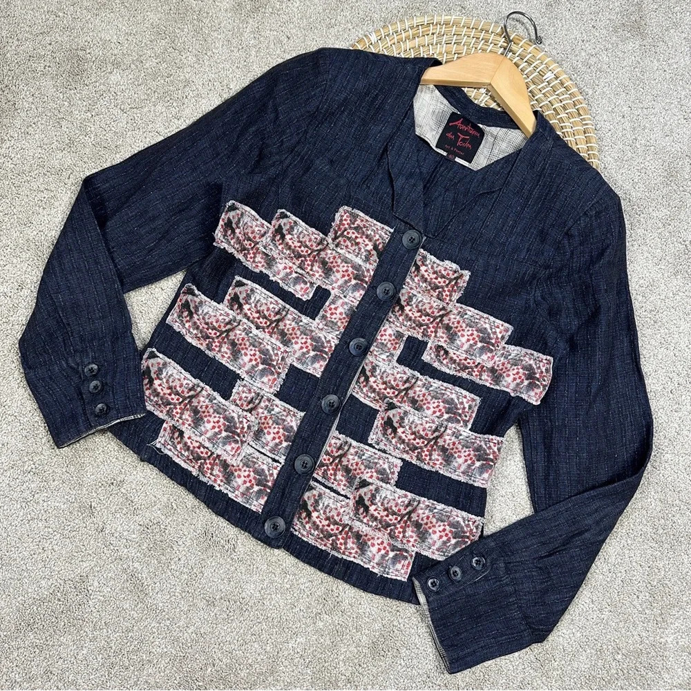 Aventures Des Toiles Linen Blend Denim Chambray Patchwork Jacket Button Front 40